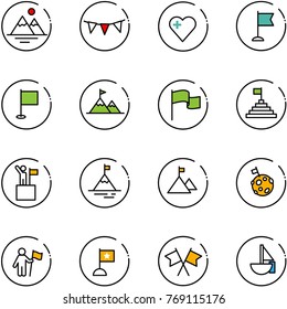 line vector icon set - mountains vector, flag garland, heart, attainment, pyramid, win, mountain, moon, flags cross, sailboat toy