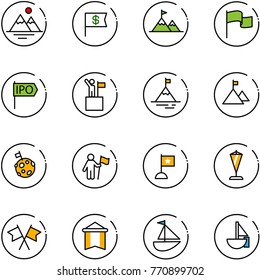 line vector icon set - mountains vector, dollar flag, attainment, ipo, win, mountain, moon, pennant, flags cross, sailboat toy