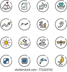 line vector icon set - mountains vector, patient card, tonometer, heart care, growth arrow, chart point, career, flying man, sun, palm, dragonfly, atom core, cpu, boomerang, moon lamp