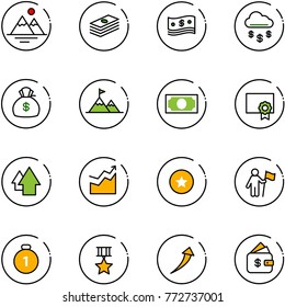line vector icon set - mountains vector, dollar, cash, money rain, bag, attainment, certificate, arrow up, growth, star medal, win, gold, finance management