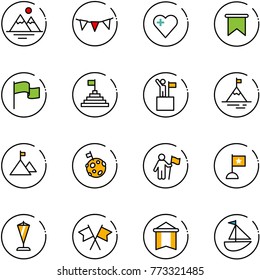 line vector icon set - mountains vector, flag garland, heart, pyramid, win, mountain, moon, pennant, flags cross, sailboat toy