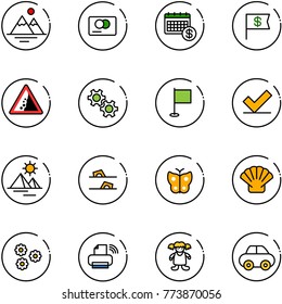 line vector icon set - mountains vector, credit card, calendar, dollar flag, landslide road sign, gear, check, pyramid, flip flops, butterfly, shell, flower, printer wireless, doll, car