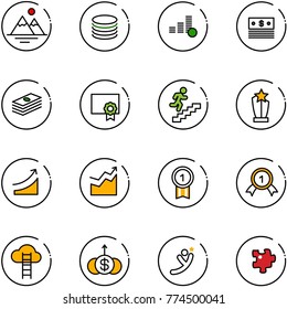 line vector icon set - mountains vector, coin, dollar, certificate, career, award, rise, growth, gold medal, cloud ladder, flying man, puzzle