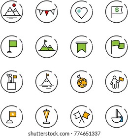 line vector icon set - mountains vector, flag garland, heart, dollar, attainment, win, mountain, moon, pennant, flags cross, sailboat toy
