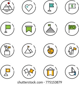 line vector icon set - mountains vector, heart, flag, dollar, pyramid, ipo, win, mountain, moon, flags cross, pennant, sailboat toy