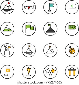 line vector icon set - mountains vector, flag garland, dollar, attainment, pyramid, ipo, win, mountain, moon, pennant, flags cross
