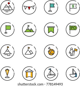 line vector icon set - mountains vector, flag garland, dollar, attainment, ipo, mountain, moon, win, pennant, sailboat toy