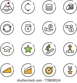 line vector icon set - mountains vector, cent, coin, exchange, money bag, investment, encashment, graduate hat, star, career, winner, stairs, growth, target, medal