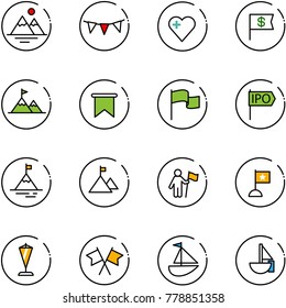 line vector icon set - mountains vector, flag garland, heart, dollar, attainment, ipo, mountain, win, pennant, flags cross, sailboat toy