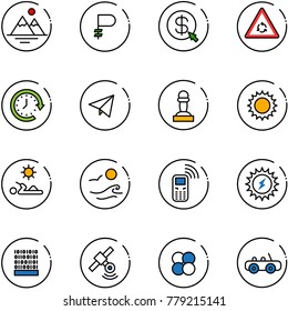 line vector icon set - mountains vector, ruble, money click, round motion road sign, clock around, paper fly, pawn, sun, reading, waves, mobile phone, power, binary code, satellite, atom core