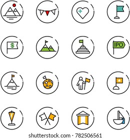 line vector icon set - mountains vector, flag garland, heart, dollar, attainment, pyramid, ipo, mountain, moon, win, pennant, flags cross, sailboat toy