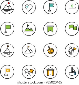 line vector icon set - mountains vector, heart, flag, dollar, attainment, mountain, moon, win, flags cross, pennant, sailboat toy