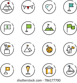line vector icon set - mountains vector, flag garland, heart, dollar, attainment, win, mountain, moon, pennant, sailboat toy