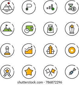 line vector icon set - mountains vector, ruble, coin, account history, attainment, wallet time, money bag, award, pawn, growth, arrows up, star medal, flags cross, dart