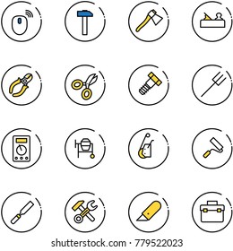 line vector icon set - mouse wireless vector, hammer, axe, jointer, side cutters, scissors, bolt, farm fork, multimeter, cocncrete mixer, winch, paint roller, rasp, wrench, work knife, tool box