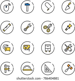 line vector icon set - mouse wireless vector, hammer, fretsaw, trowel, level, wrench, scissors, dowel, machine tool, jig saw, cabinet, screwdriver, clamp, construction helmet, corner ruler, toy