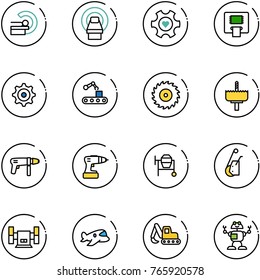 line vector icon set - mri vector, heart gear, atm, conveyor, saw disk, crown drill, machine, cocncrete mixer, winch, sharpening, plane toy, excavator, robot