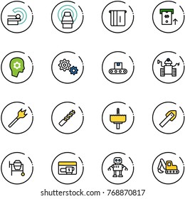 line vector icon set - mri vector, atm, brain work, gear, conveyor, robot, wood drill, crown, tile, cocncrete mixer, generator, excavator toy