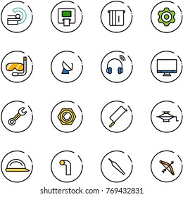 line vector icon set - mri vector, atm, gear, diving, satellite antenna, wireless headphones, monitor, wrench, nut, metal hacksaw, jack, construction helmet, allen key, forceps, bow