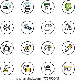 line vector icon set - mri vector, atm, brain work, gear, printer wireless, conveyor, robot, saw disk, drill machine, Angular grinder, tool, cocncrete mixer, generator