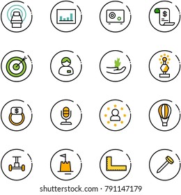 line vector icon set - mri vector, statistics, safe, account history, target, manager, hand sproute, award, finger ring, microphone, star man, air balloon, gyroscope, sand castle, corner ruler, nail