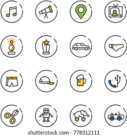 line vector icon set - music vector, telescope, map pin, tv news, award, limousine, swimsuit, cap, beer, phone, scissors, robot, elephant wheel, toy car