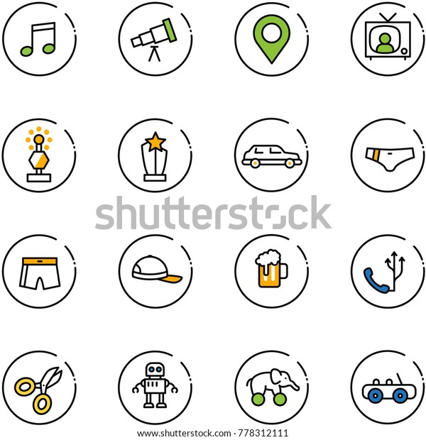 line vector icon set - music vector,\
telescope, map pin, tv news, award, limousine, swimsuit, cap, beer,\
phone, scissors, robot, elephant wheel, toy\
car