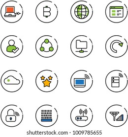 line vector icon set - netabook connect vector, bitcoin, globe, website, user check, social, network folder, redo, cloud, stars, notebook wi fi, server wireless, lock, binary code, router