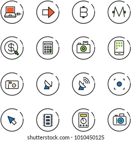 line vector icon set - netabook connect vector, right arrow, bitcoin, monero, money click, calculator, camera, mobile, photo, satellite antenna, record button, cursor, chip, multimeter