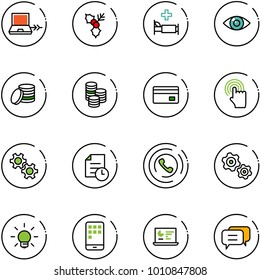 line vector icon set - netabook connect vector, holly, hospital bed, eye, coin, credit card, hand cursor, gear, history, phone horn, gears, bulb, mobile, statistics monitor, dialog