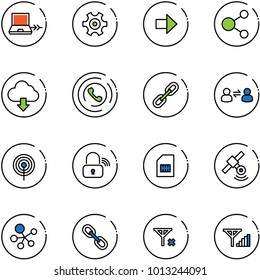 line vector icon set - netabook connect vector, gear, right arrow, share, download cloud, phone horn, link, information exchange, antenna, wireless lock, sim, satellite, molecule, no signal, fine
