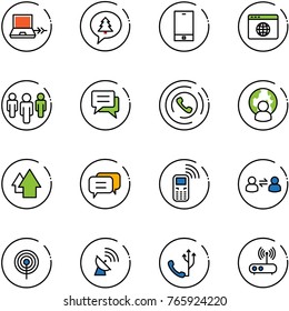 line vector icon set - netabook connect vector, merry christmas message, phone, browser globe, group, chat, horn, man, arrow up, dialog, mobile, information exchange, antenna, satellite