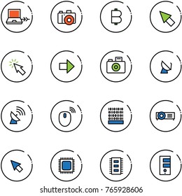 line vector icon set - netabook connect vector, camera, bitcoin, cursor, right arrow, satellite antenna, mouse wireless, binary code, projector, cpu, chip, server