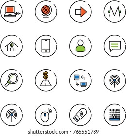 line vector icon set - netabook connect vector, globe, right arrow, monero, home, phone, user, chat, magnifier, dollar, data exchange, antenna, mouse wireless, usb wi fi, binary code