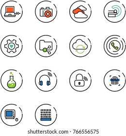 line vector icon set - netabook connect vector, camera, clouds, mri, heart gear, shared folder, refresh cloud, phone horn, round flask, wireless headphones, lock, fingerprint scanner, monoblock pc