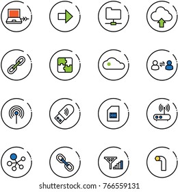 line vector icon set - netabook connect vector, right arrow, network folder, upload cloud, link, puzzle, information exchange, antenna, usb wi fi, sim, router, molecule, fine signal, allen key