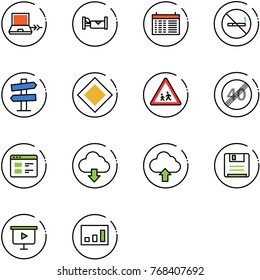 line vector icon set - netabook connect vector, hotel, schedule, no smoking sign, road signpost, main, children, end speed limit, website, download cloud, upload, save, presentation board