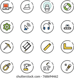 line vector icon set - netabook connect vector, treadmill, mri, lifebuoy, gear, satellite antenna, wireless headphones, conveyor, axe, bucksaw, ruler, corner, side cutters, drill, welding