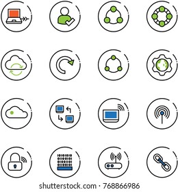line vector icon set - netabook connect vector, user check, social, friends, refresh cloud, redo, community, gear globe, data exchange, notebook wi fi, antenna, wireless lock, binary code, router
