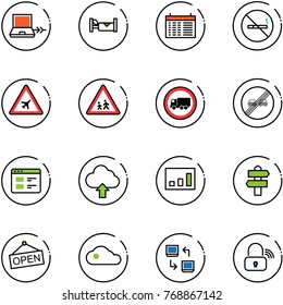 line vector icon set - netabook connect vector, hotel, schedule, no smoking sign, airport road, children, truck, end overtake limit, website, upload cloud, statistics, signpost, open, data exchange