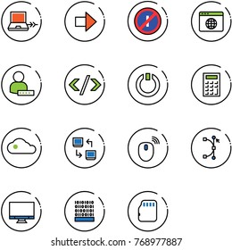 line vector icon set - netabook connect vector, right arrow, no parkin odd, browser globe, user password, tag code, standby, calculator, cloud, data exchange, mouse wireless, bezier, monitor, binary