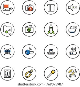 line vector icon set - netabook connect vector, camera, atm, volume off, shared folder, rocket, printer wireless, fingerprint scanner, key, conveyor, wi fi router, hdd, side cutters, wood drill