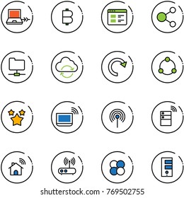 line vector icon set - netabook connect vector, bitcoin, website, share, network folder, refresh cloud, redo, community, stars, notebook wi fi, antenna, server wireless, home, router, atom core