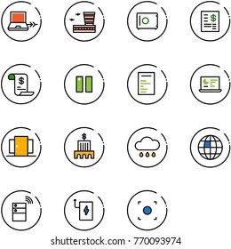 line vector icon set - netabook connect vector, airport building, safe, account statement, history, pause, document, statistics monitor, doors, bank, rain cloud, globe, server wireless, power