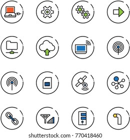 line vector icon set - netabook connect vector, gear, right arrow, network folder, upload cloud, notebook wi fi, antenna, sim, satellite, molecule, link, fine signal, server, allen key