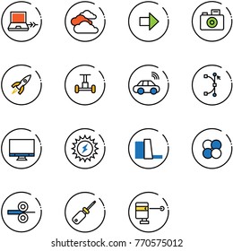 line vector icon set - netabook connect vector, clouds, right arrow, camera, rocket, gyroscope, car wireless, bezier, monitor, sun power, water plant, atom core, steel rolling, screwdriver
