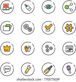 line vector icon set - netabook connect vector, medical label, eye, share, folder, gears, check, money managemet, crown, flip flops, flower, terms plan, chat, wrench, pliers, beanbag
