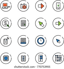 line vector icon set - netabook connect vector, camera, right arrow, mobile payment, money click, calculator, cursor, remote control, binary code, clock, cpu, chip, server, circuit