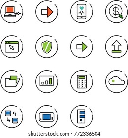 line vector icon set - netabook connect vector, right arrow, mobile heart monitor, money click, cursor browser, shield, uplooad, folder, statistics, calculator, cloud, data exchange, game console