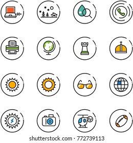 line vector icon set - netabook connect vector, christmas landscape, blood test, phone horn, printer, globe, chess tower, crown, sun, sunglasses, power, camera, helicopter toy, football